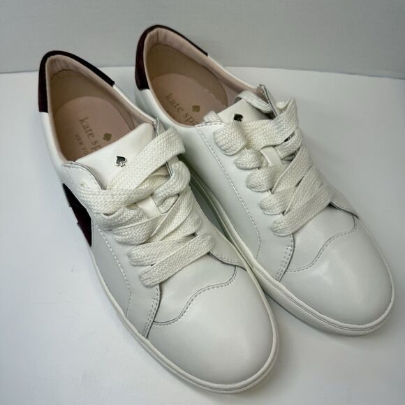 Kate Spade Fez Leather Low Top Sneaker In Optic White & Suede Maroon Sz 11 New - Picture 2 of 9
